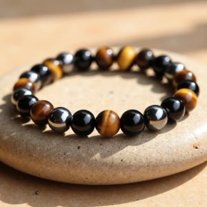 Armband med tigeröga, hematit och svart obsidian – 8 mm, 17 cm