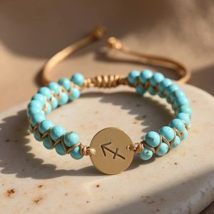 Flätat armband med stjärntecken – Skytten – turkos