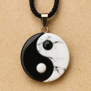 Hänge med yin och yang i vit howlit och svart obsidian