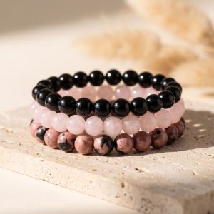 Trio av armband i onyx, rosenkvarts och rodonit – 6 mm, 17 cm