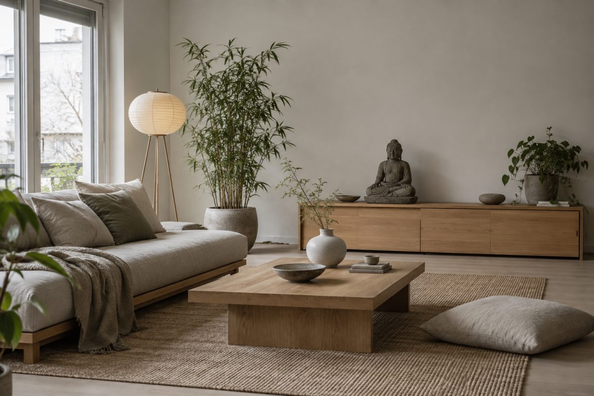 Vardagsrum i japandistil med låg soffa, papperslampa, bambu och en buddhastaty på en låg sideboard i ek