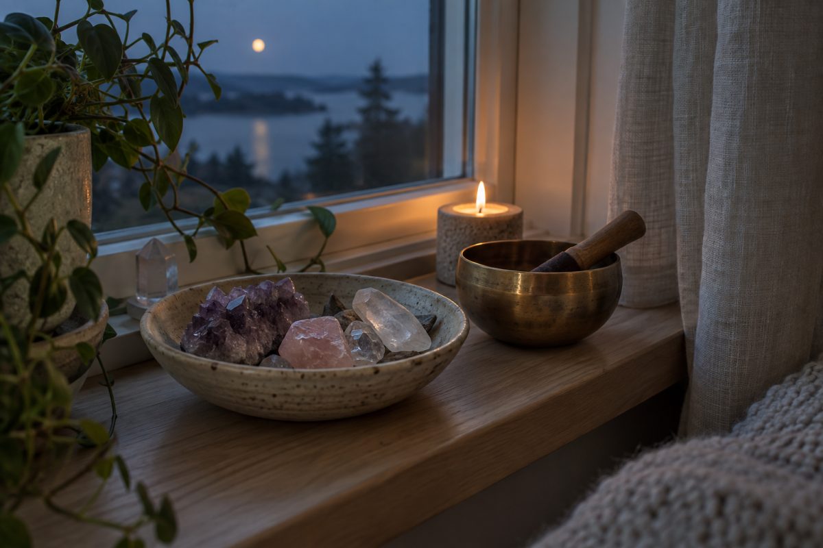 Ametist, rosenkvarts och bergkristall i en keramikskål i fönstret i kvällsljus, bredvid en klangskål och ett tänt ljus